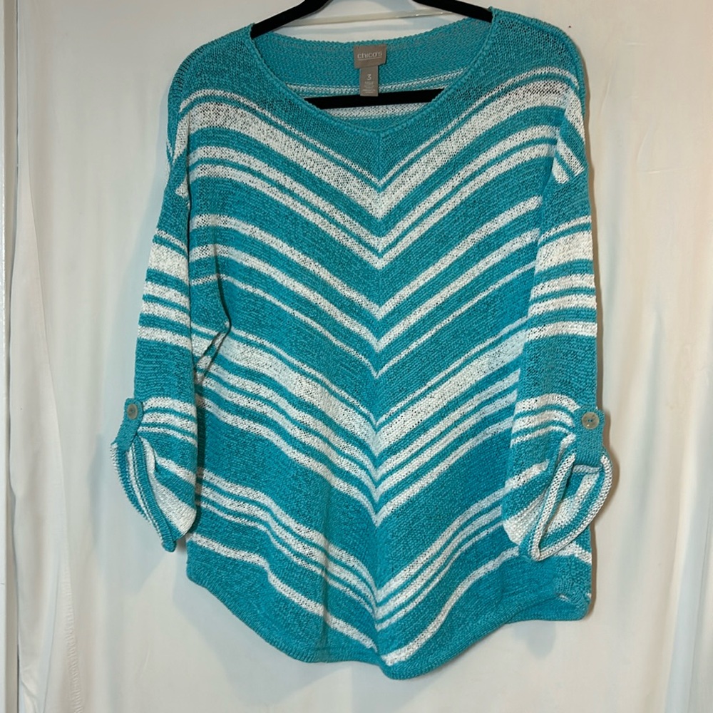 Chicos Teal & White Striped V-Neck Sweater
